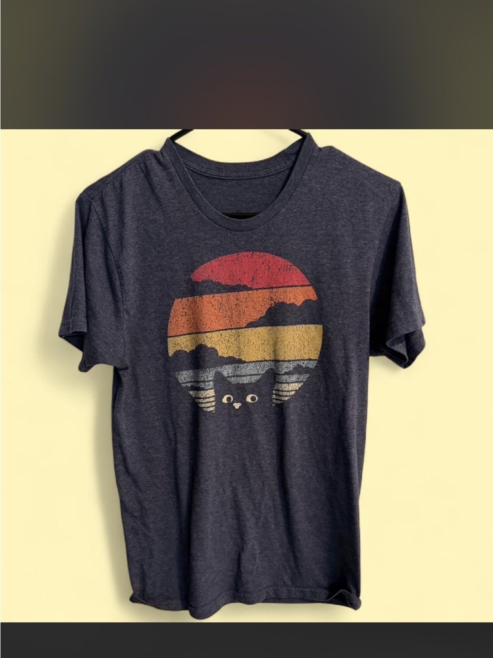 Gildan Navy Short Sleeve Tee with Retro Sunset Cat Graphic